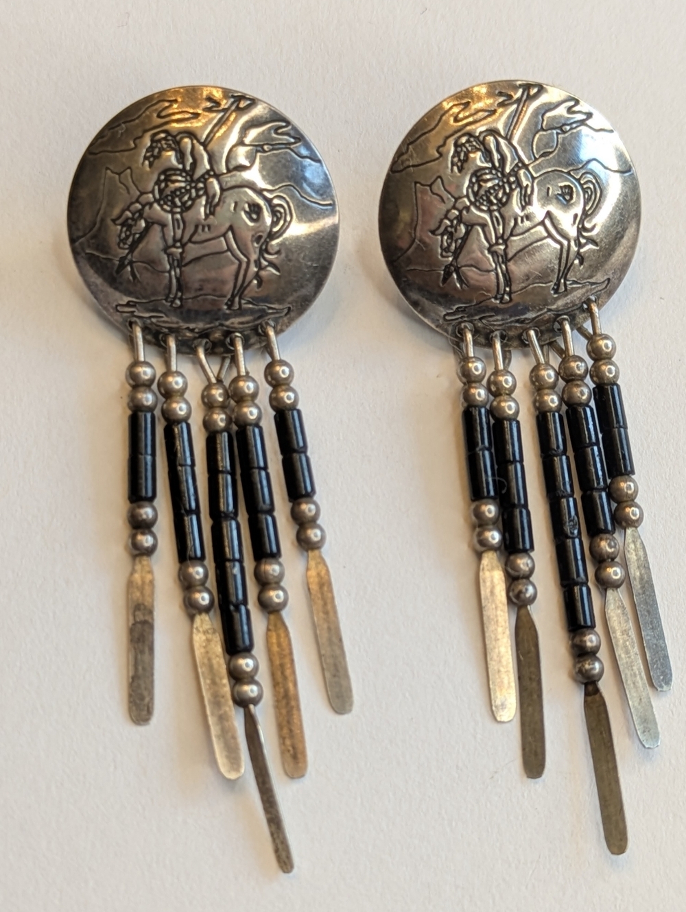 QT Sterling Native Rider Horse Earrings  Dangle Fringe Western 2" Quoc Turquoise
